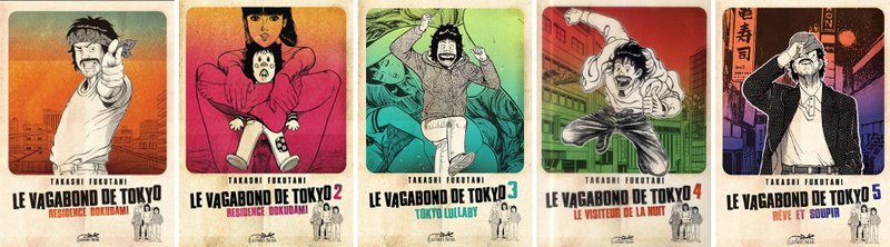 Takashi Fukutani - Le Vagabond de Tokyo - couvertures des 5 volumes