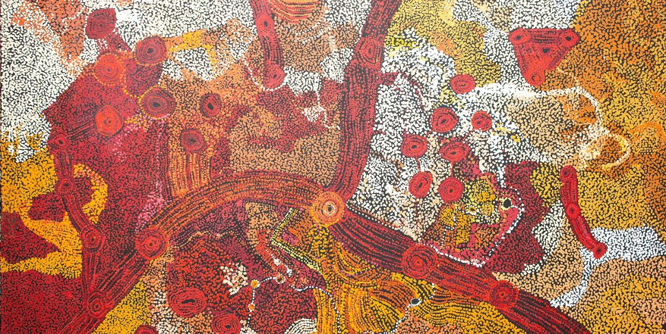 Sylvia Kanytjupai Ken. Titre : Seven Sister Dreaming Time stories. Format : 198 x 152,5 cm. © Photo : Aboriginal Signature Estrangin gallery with the courtesy of the artist and Tjala Arts (APY land).