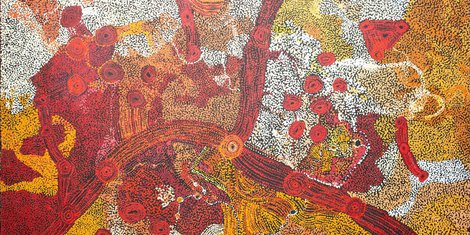 Sylvia Kanytjupai Ken. Titre : Seven Sister Dreaming Time stories. Format : 198 x 152,5 cm. © Photo : Aboriginal Signature Estrangin gallery with the courtesy of the artist and Tjala Arts (APY land).